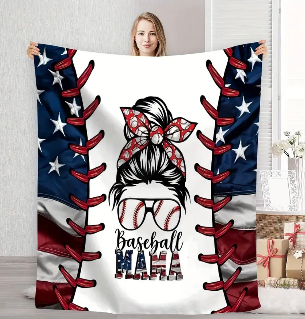 ‘Baseball Mama’ Flannel Blanket-Lightweight but Cozy Soft Blanket For Couch Bed Sofa Office Camping or Game