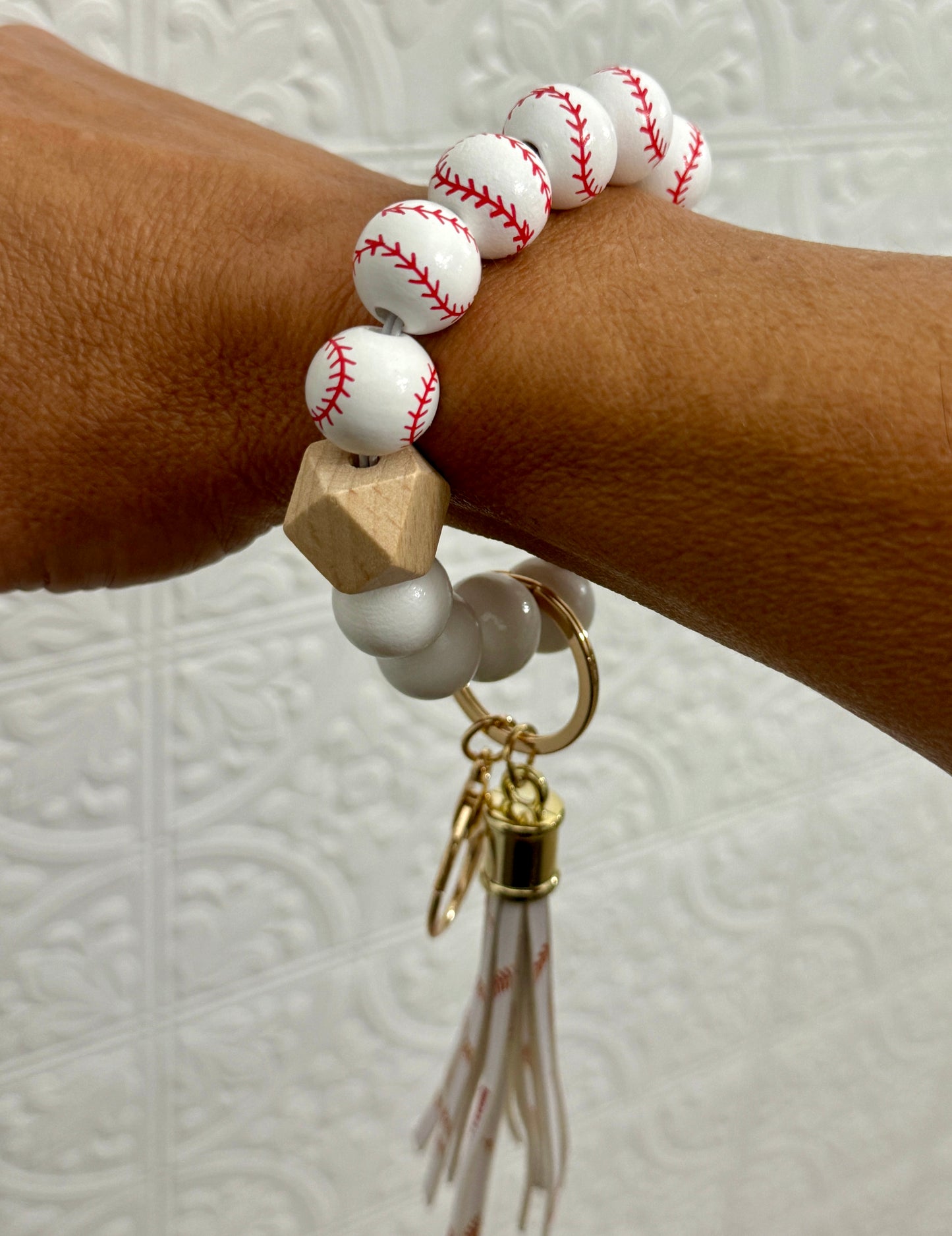 Wooden Bead Baseball Wristlet Keychain with PU Leather Tassel and Lobster Clasp
