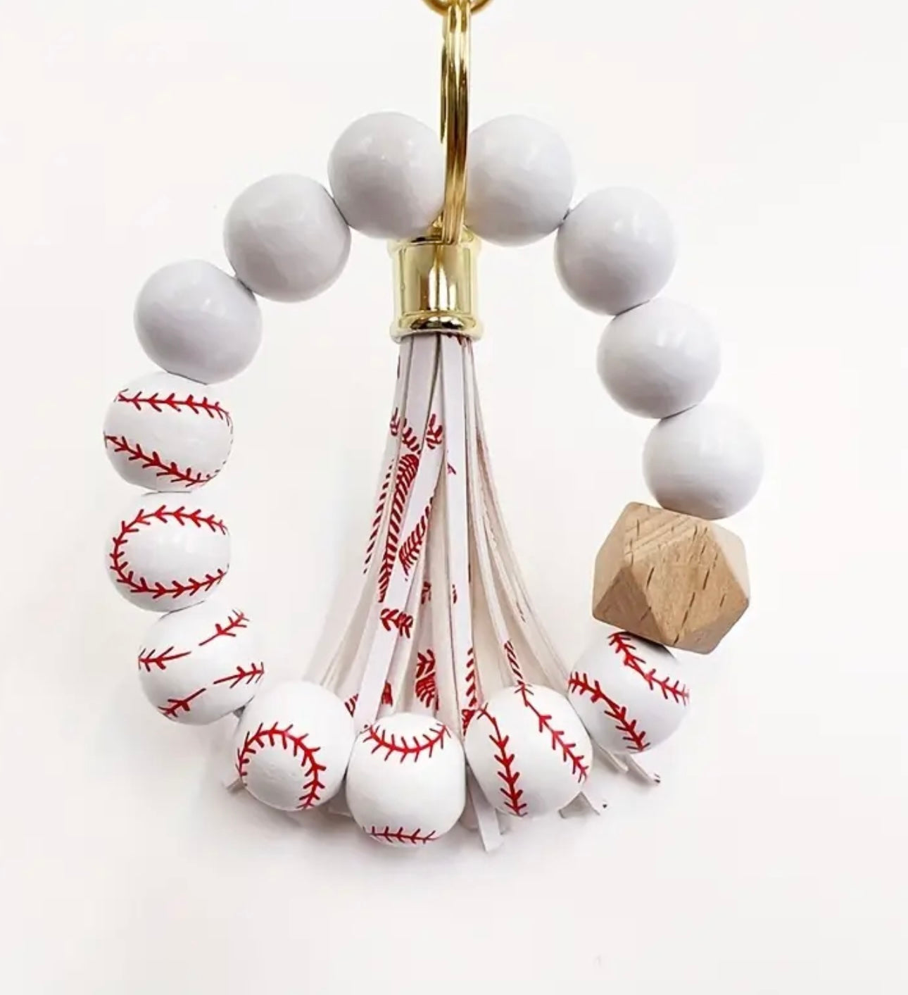 Wooden Bead Baseball Wristlet Keychain with PU Leather Tassel and Lobster Clasp