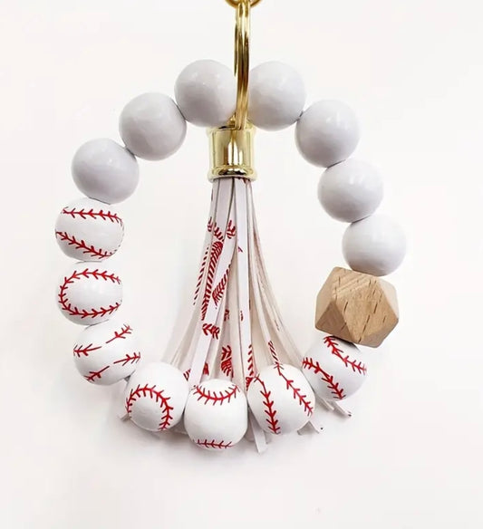 Wooden Bead Baseball Wristlet Keychain with PU Leather Tassel and Lobster Clasp