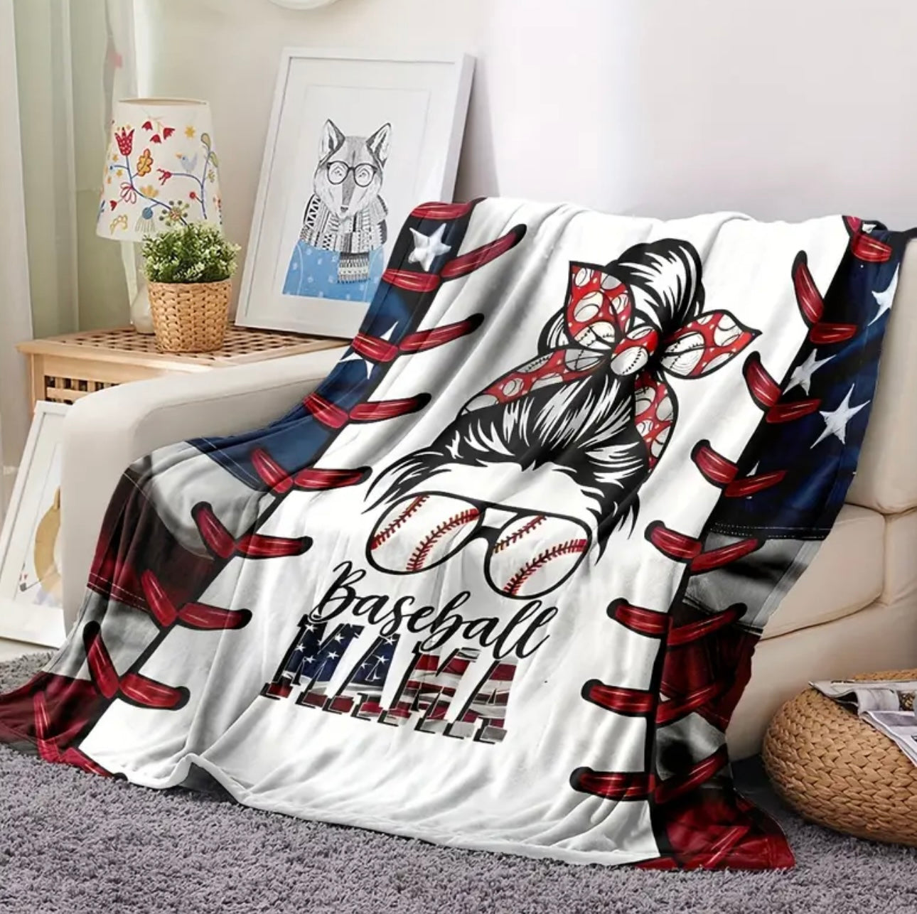 ‘Baseball Mama’ Flannel Blanket-Lightweight but Cozy Soft Blanket For Couch Bed Sofa Office Camping or Game