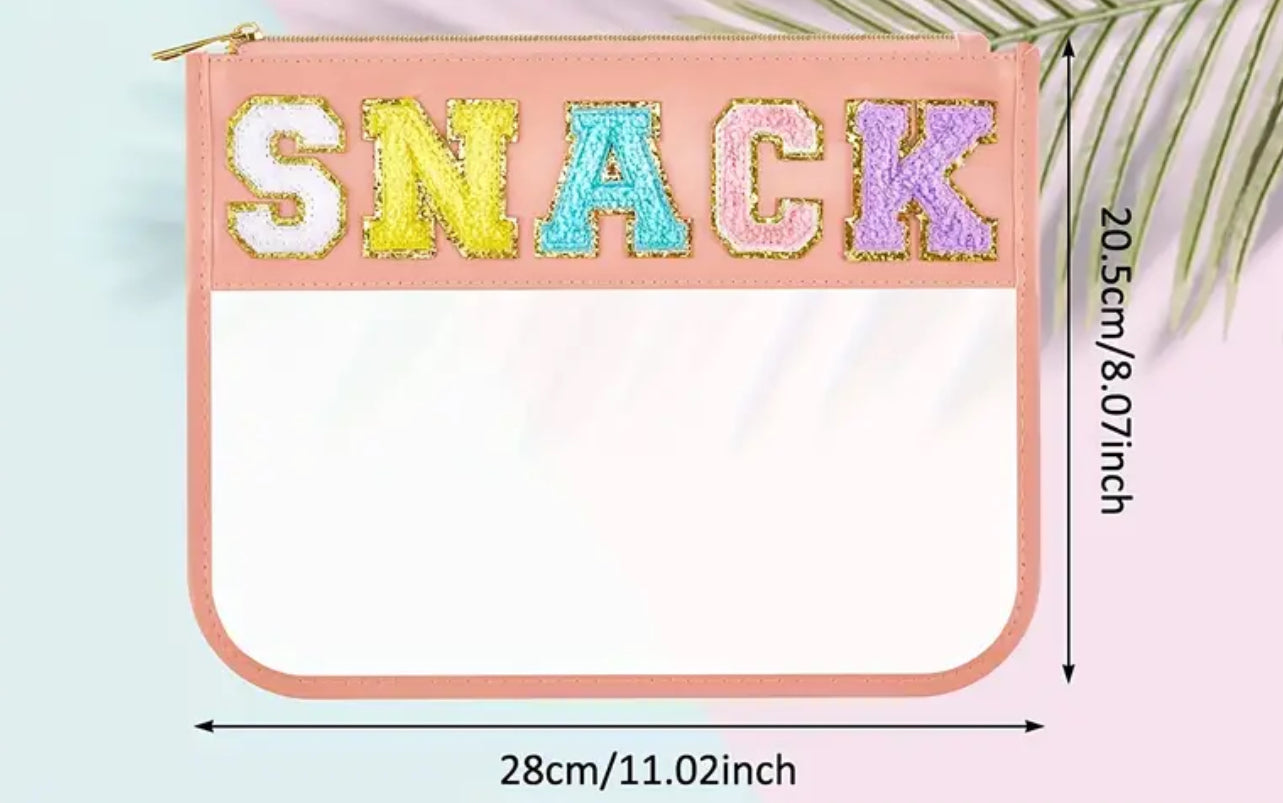 Clear Zipper Pouch Chenille Snack Bag with Multi-Colored Varsity Letter for Travel or Everyday Use