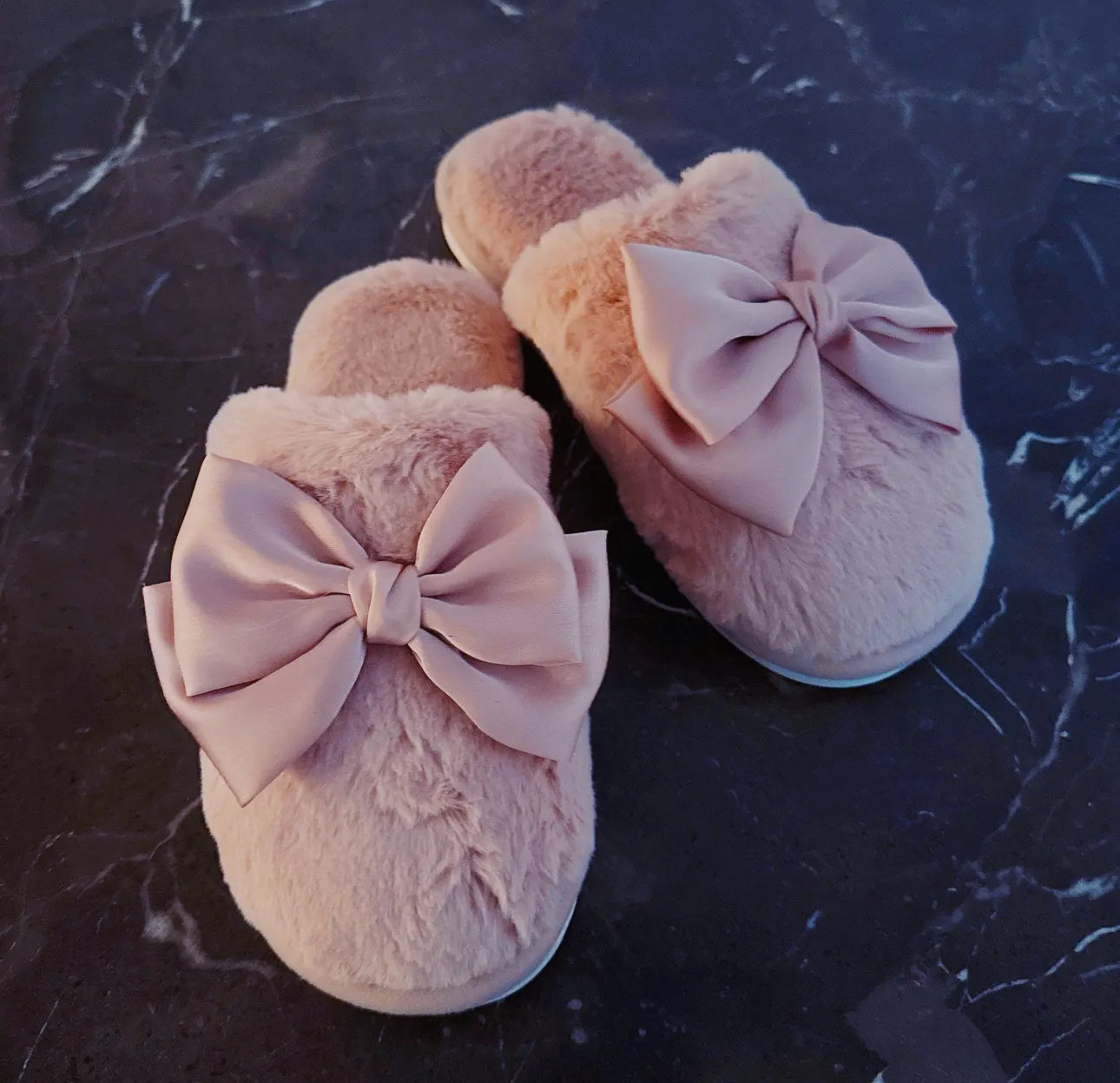 Plush Soft Slippers with Shiny Satin Bow